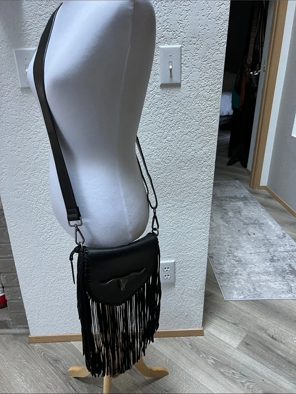 Idyllwind Black Leather Crossbody Bag with Fringe